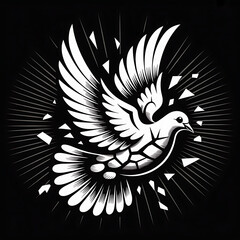 A vector art illustration depicting a shattered dove, symbolizing "Anti War", against a stark black background. The dove's wings are fragmented, revealing intricate internal structures 