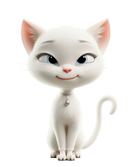 Cute 3D png cartoon white cat with blue eyes and a small collar, sitting calmly and smiling. Soft fur texture, gentle pose, kawaii style character isolated