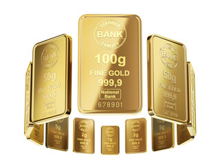 Small gold bars isolated on transparent background - 3d PNG illustration
