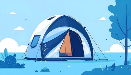 Blue-toned camping scene a dome tent set up with partially open door, trees, foliage, and fluffy clouds