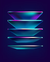 3D glass squares  and rectangles. Transparent iridescent geometric shapes in perspective on dark background. Abstract vector design elements.