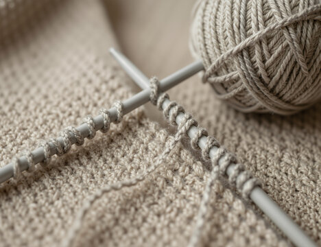 Soft beige yarn sits beside knitting needles with a partially knitted fabric, showcasing the process of crafting warm textiles, perfect for cozy winter projects and creative hobbies