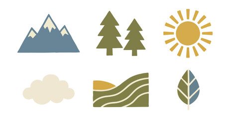 Stylized nature elements mountains trees sun cloud and leaf illustration