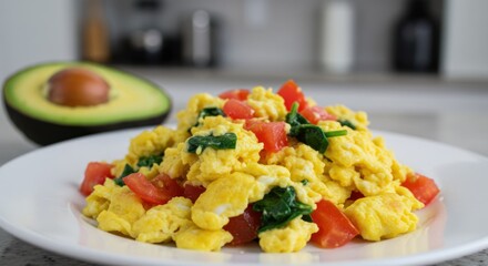 Scrambled Eggs with Spinach and Tomato on White Plate in Kitchen