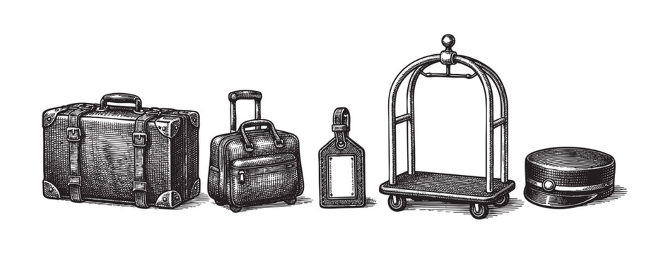 A detailed black and white line drawing showcases vintage luggage, a hotel bellhop cart, and a hat, evoking a sense of classic travel and hospitality.