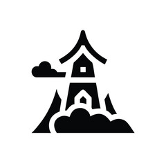 Mountain Pagoda Silhouette in Clouds