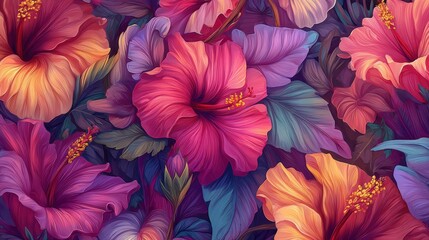 Vibrant hibiscus flowers create a colorful floral pattern, perfect for summer-themed projects, website backgrounds, or marketing materials, Great for designs that need a lively, tropical feel,