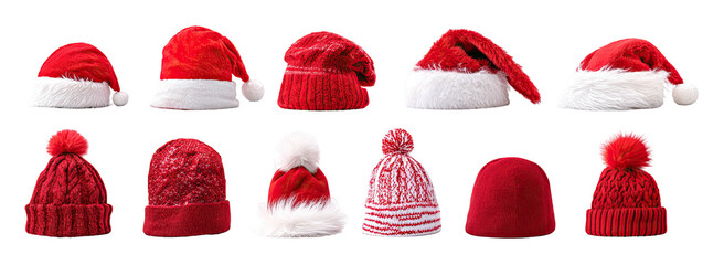 A collection of various red hats, some with white trim or pom-poms, on a black background