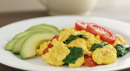 Scrambled Eggs with Tomato and Avocado Slices on White Plate in Bright Kitchen