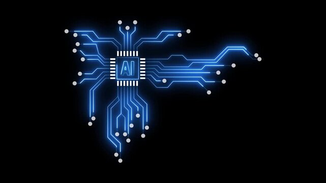 Glowing neon ai chip icon symbolizes artificial intelligence technology on  black background, Artificial Intelligence AI Microchip Neon Circuit Board Concept with Glowing Blue and Pink Lines