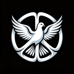 A striking vector art illustration featuring a peace symbol intricately intertwined with a graceful white dove, set against a deep black background. The dove's wings are gently spread