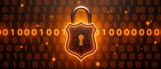 Digital security padlock binary code protection technology encryption data safety cybersecurity shield internet security secure safety information
