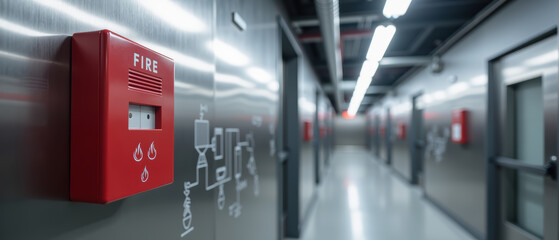 Fire alarm system in modern hallway with metallic walls and emergency signage, ensuring safety and preparedness