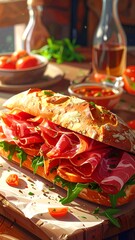 Close-up of a delicious sandwich with meat, herbs, and tomatoes
