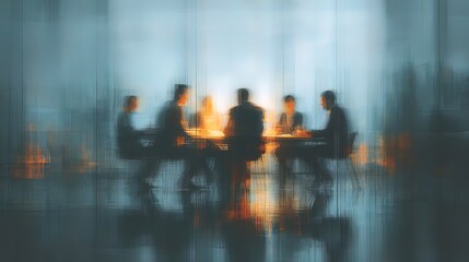 A soft blur of a group of professionals brainstorming around a table. High quality