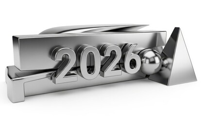 Shiny Metallic Silver 2026 3D Render with Abstract Geometric Shapes isolated PNG with Transparent Background