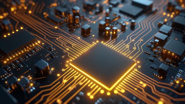 A detailed image of a computer circuit board, with a central processor unit, connected with orange glowing circuits and integrated components