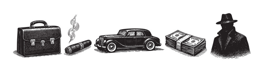 A vintage black and white illustration depicts a briefcase, smoking cigar, classic car, stack of money, and a silhouette of a man in a fedora, evoking a noir or mob theme.