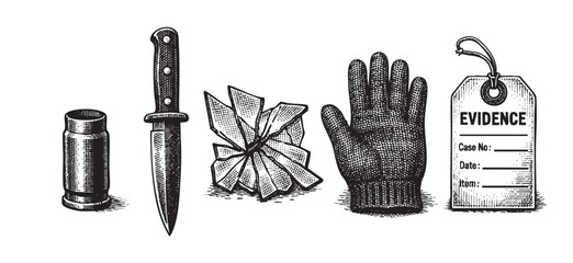 A black and white illustration depicts essential crime scene evidence including a bullet casing, knife, shattered glass, a glove, and an evidence tag, suitable for legal or mystery themes.