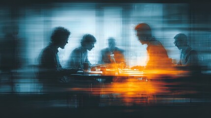 A soft blur of a group of professionals brainstorming around a table. High quality