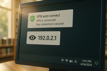 Display shows VPN connection status and network details in a library setting with timestamp in the corner indicating time and date.