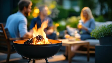 Faceless friends and family gathered around fire pit in backyard enjoying sunset, social outdoor gathering, defocused garden landscape, warm evening atmosphere, with copy space