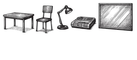 A black and white sketch depicts vintage furniture and equipment including a desk, chair, lamp, recorder, and mirror against a white background.