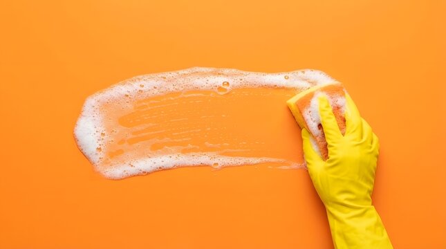 A hand in yellow glove holds sponge and wipes soapy foam on solid orange background. Represents cleaning services.