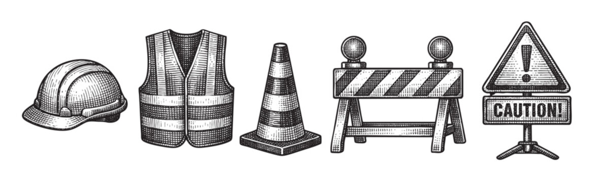 A hand-drawn illustration in a vintage sketch style features essential construction safety items including a hard hat, safety vest, traffic cone, barrier, and a caution sign.