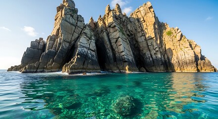 Rocky island in clear turquoise water.