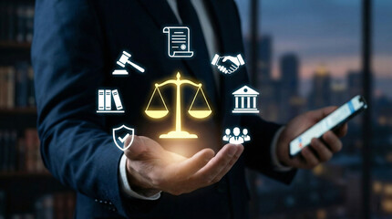 Businessman with smartphone holds glowing holographic legal icons, including scales of justice, gavel, and courthouse, symbolizing digital law and legal services consultation