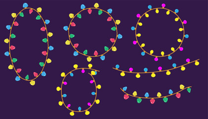 Garland round forms, bulb lightning decoration for event, Winter lights set. Garlands with colored bulbs, festive Xmas string decoration, round form framr for christmas garkand, vector flat