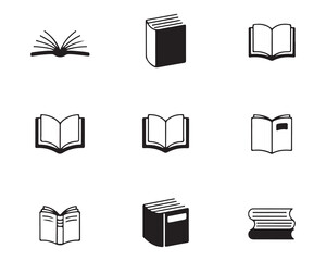 Book icons set simple black and white design collection featuring various open and closed books for reading and education