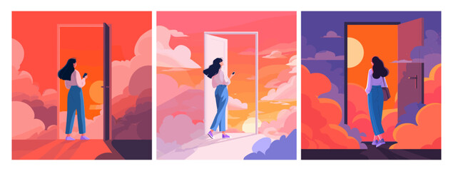 Woman at doorway. Young women open door to new life, sunrise sunset pink sky clouds landscape magic fantasy girl with phone imagination dreams freedom concept vector illustration