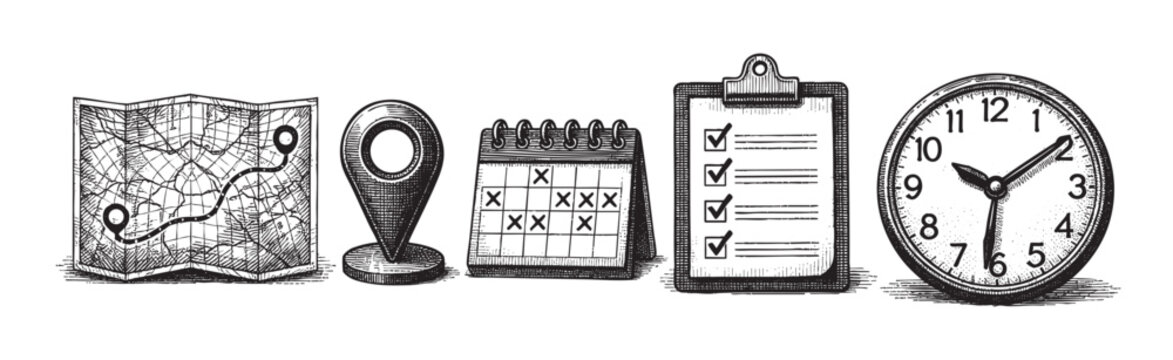 A collection of hand-drawn icons representing planning and travel, including a map, pin, calendar, checklist, and clock, on a white background.