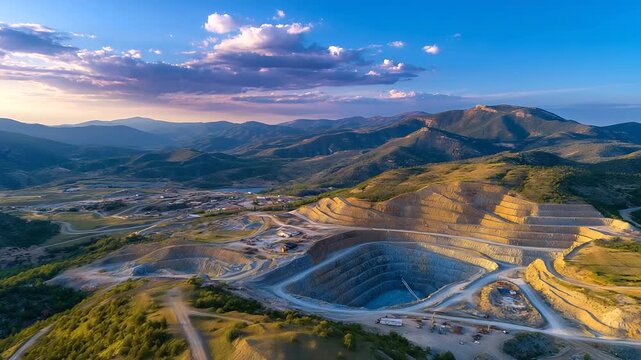 Aerial top view of open pit mine for gold, diamond, silver, minerals or copper extraction concept, quarry operation from above, defocused terrain, with copy space