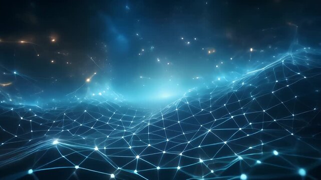 A digital landscape glows in a deep blue, with interconnected nodes forming a net over a nebulous background, illuminated