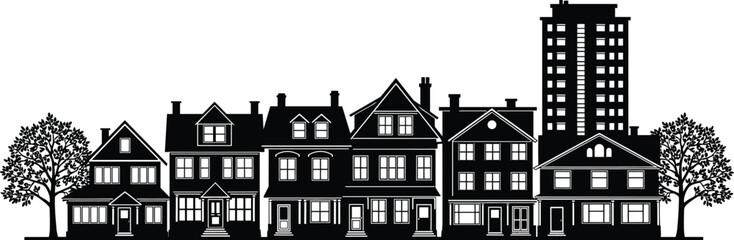 Black and white urban street silhouette illustration featuring row houses, residential buildings, suburban neighborhood architecture, city skyline, and leafy trees. © MdSar