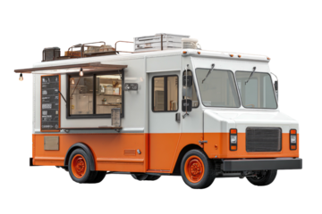 A food truck, orange and white, parked with serving window open, ready for customers