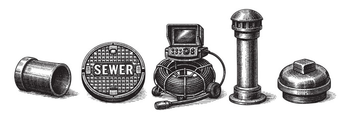 A set of vintage-style illustrations depict a sewer inspection camera, manhole cover, pipe fittings, and vent cap, suitable for industrial or historical themes.