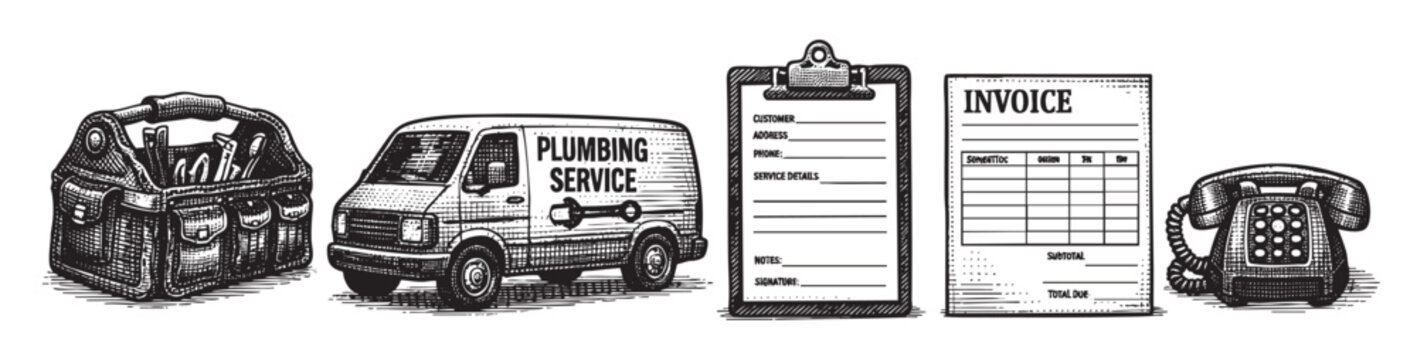 A vintage-style illustration depicts a toolbox, a plumbing service van, a clipboard with service details, an invoice form, and a rotary telephone, symbolizing trade work and business.