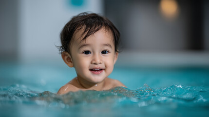 A highly detailed ultra-realistic close-up of a happy Asian toddler baby smiling while swimming in a clear blue indoor swimming pool, child&acirc;s face centered above the water surface,