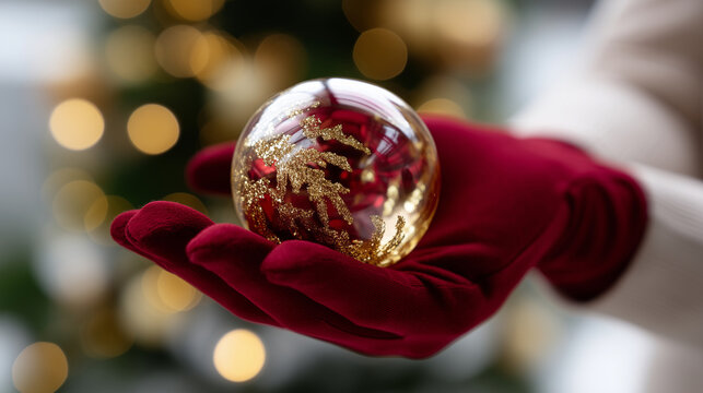 A highly detailed ultra-realistic close-up of a human hand wearing an elegant red velvet glove gently holding a golden Christmas ornament ball, inside the transparent globe a minia