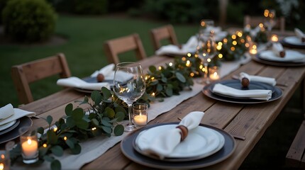 Rustic wooden table set for an elegant outdoor dinner party with eucalyptus garland, fairy lights, and glowing candles in the garden at twilight.
