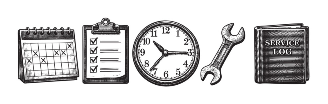 A vintage-style illustration features a calendar, clipboard with checkboxes, clock, wrench, and a service log book, representing organization and maintenance.