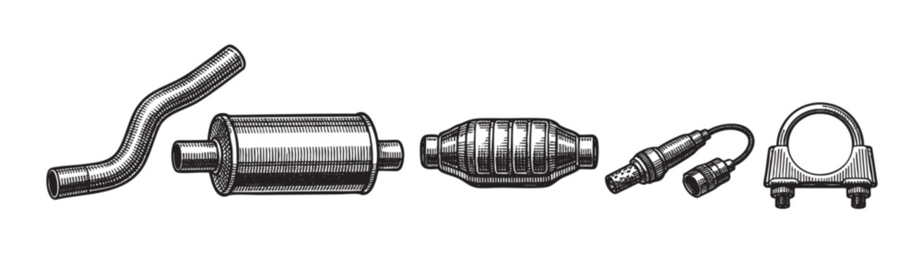 Black and white line art illustration featuring various automotive exhaust system components, including a flexible pipe, muffler, resonator, oxygen sensor, and clamp, on a white background.