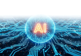 Artificial intelligence concept with glowing ai text inside a sphere on a circuit board