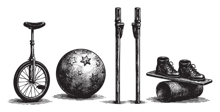 A vintage black and white illustration showcases circus performance equipment including a unicycle, a starred ball, juggling pins, and boots on a rolling log.