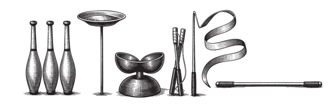 A collection of vintage-style engraved circus juggling props including clubs, a diablo, a spinning plate on a stick, and a ribbon wand, rendered in monochrome black and white.