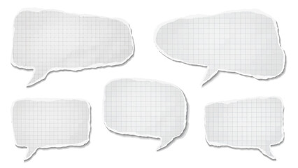 Collection of five torn paper speech bubbles with grid pattern on a white background, ideal for graphic design projects